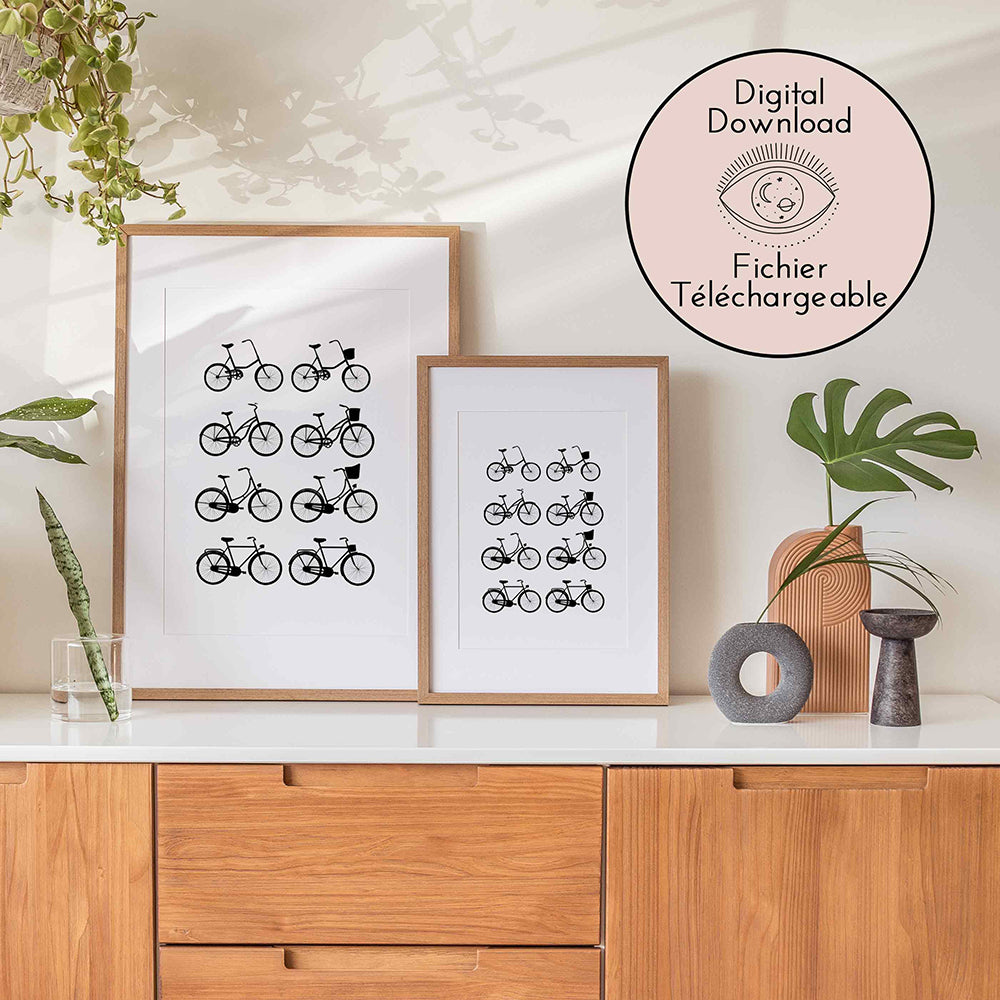 "Vintage Bicycle Wall Art - A variety of classic frame styles and accessories."