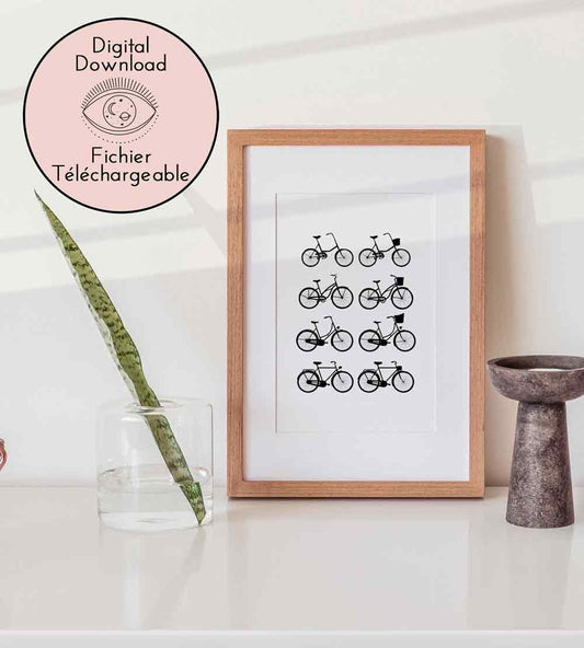Vintage Bicycle Wall Art - Eight black and white download prints of various bicycles arranged in two vertical columns, showcasing different frame styles and accessories such as baskets.
