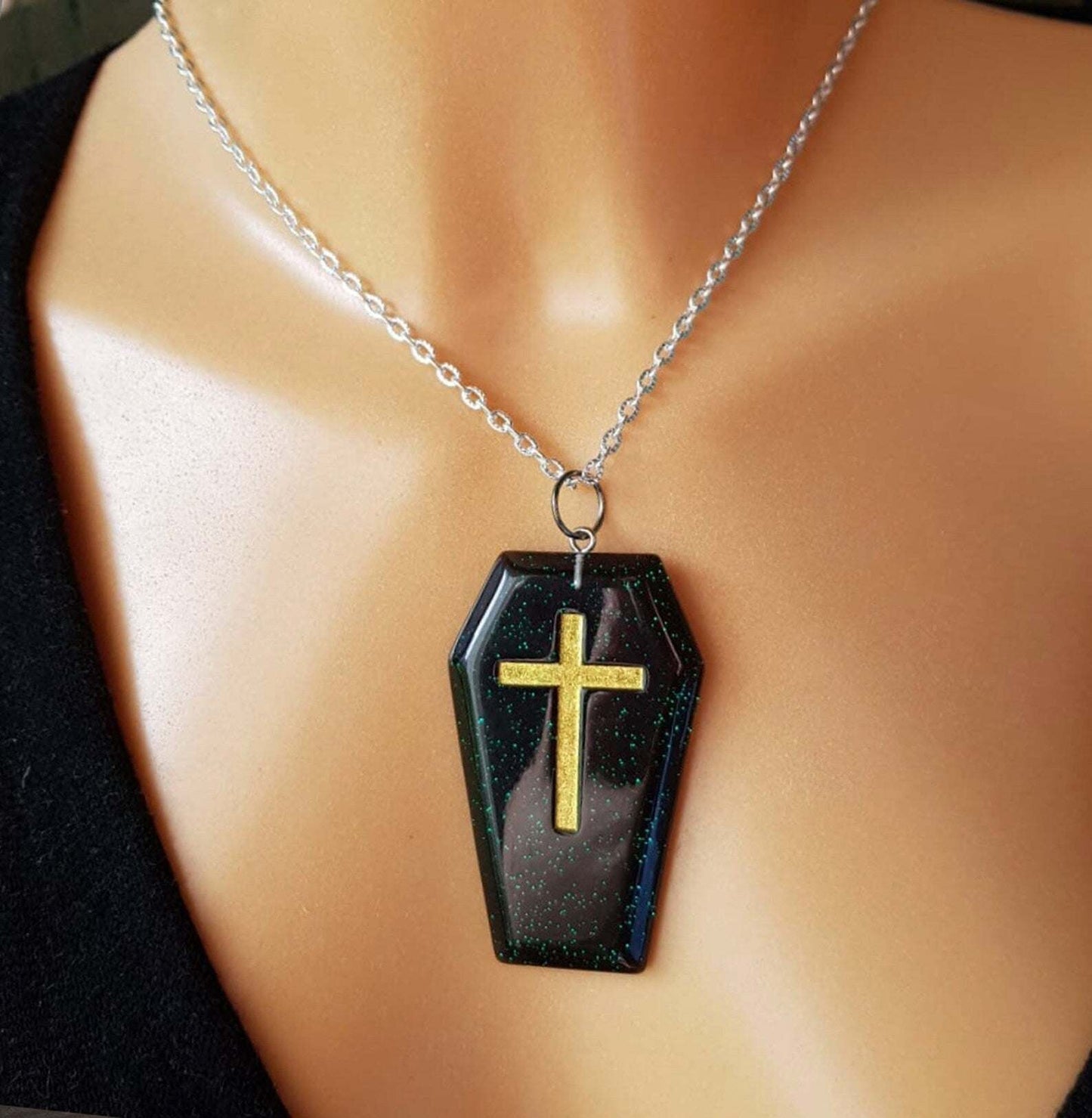 Halloween Glitter Coffin Pendant Necklace
