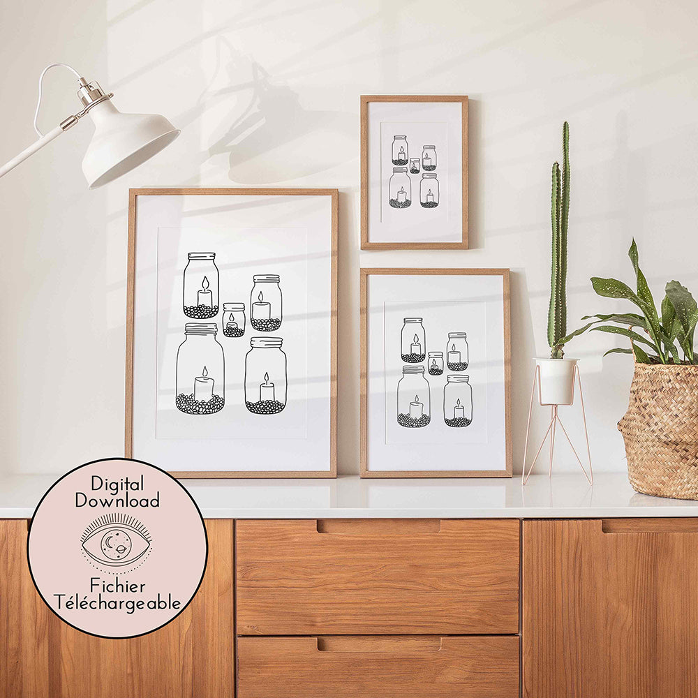 Candle Candlestick Drawing - Romantic Line Art- Zen Black White home decor