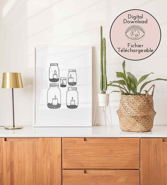 Mason Jar Candles Illustration - Four sketched mason jars of varying sizes, each containing a candle set atop a bed of small beads, with the flames delicately illustrated above the wicks.