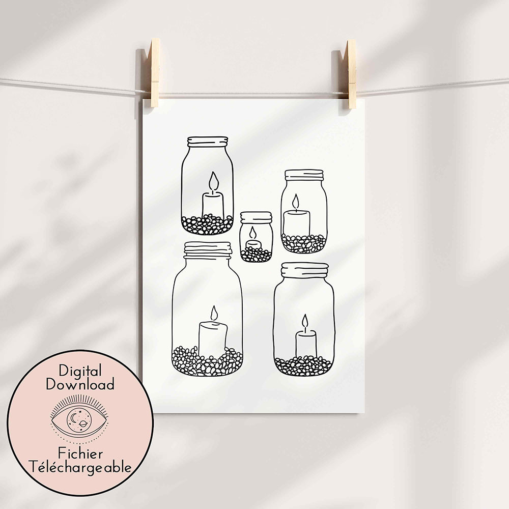 Candle Candlestick Drawing - Romantic Line Art- Zen Black White home decor