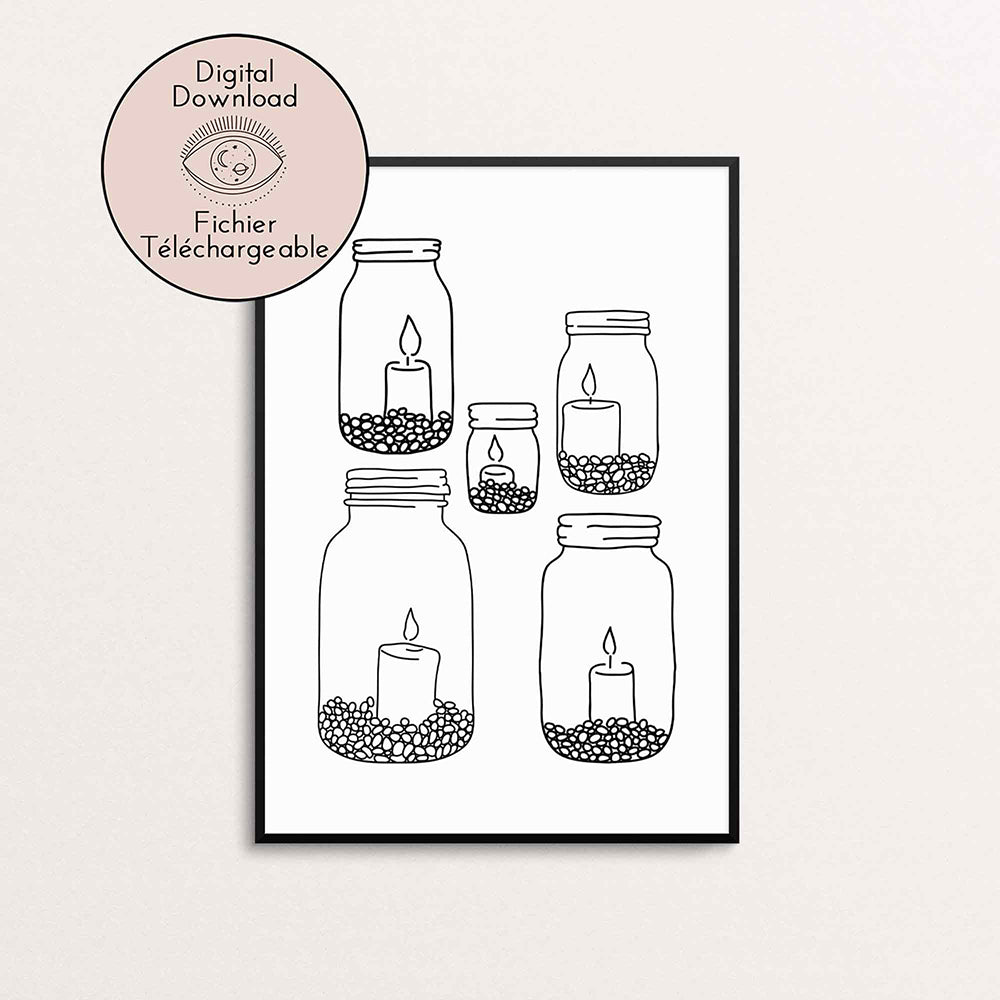 Candle Candlestick Drawing - Romantic Line Art- Zen Black White home decor