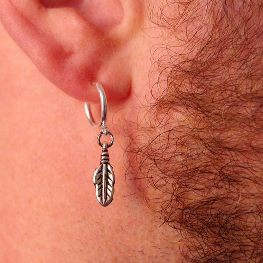 clip on earrings feather, fake man hoop - For NON PIERCED EARS