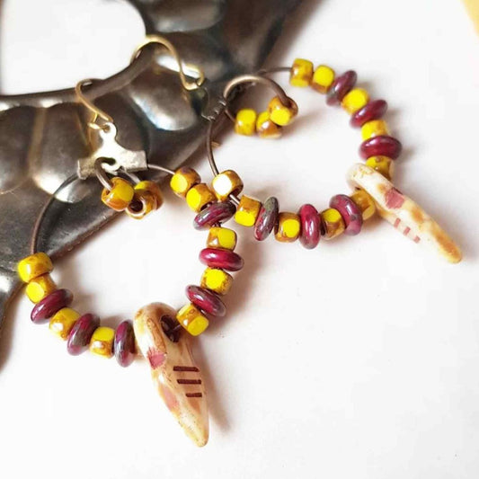 Vibrant Ethnic Hoop Earrings: Handcrafted with Picasso Red and Yellow Glass Beads!