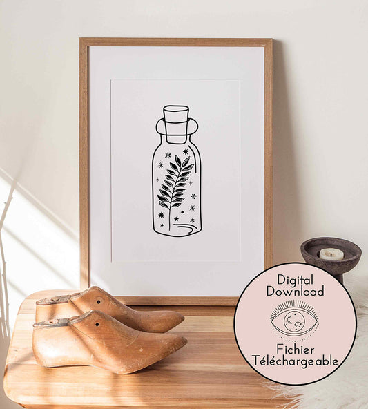 A cocoflower digital print download of a decorative Magic bottle containing a single branch with leaves, surrounded by small stars and sparkles, suggesting a whimsical or magical theme.