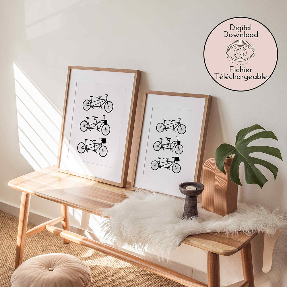 Tandems drawing - Black White Bikes Line art - Bicycle lover decor