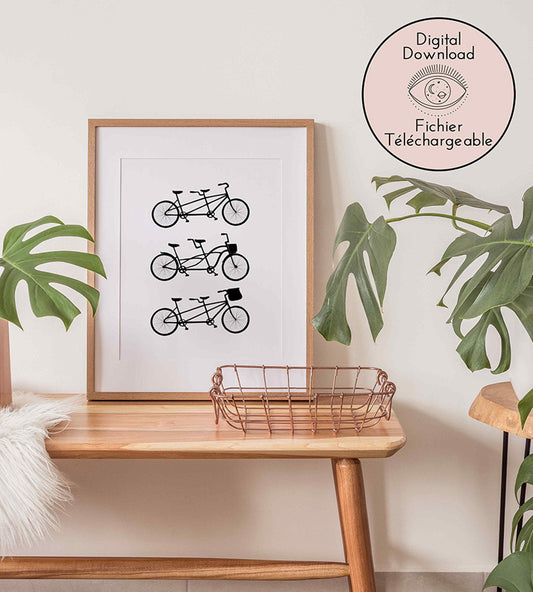 Tandem Drawing - Three Black tandem download print bicycles with varying designs arranged vertically on a white background.
