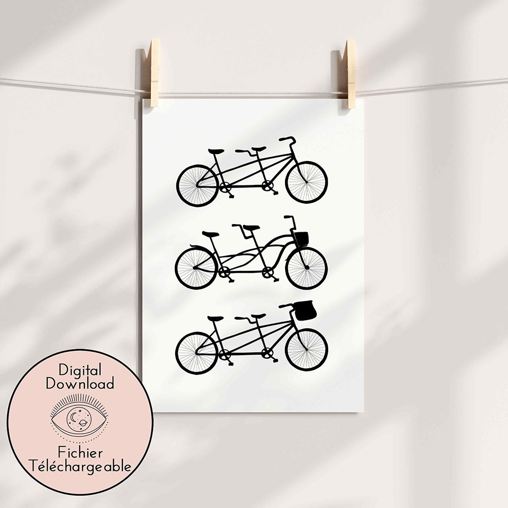 Tandems drawing - Black White Bikes Line art - Bicycle lover decor