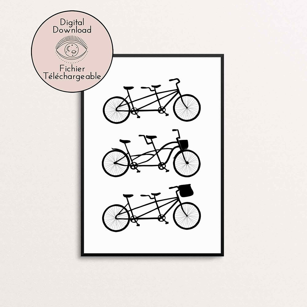 Tandems drawing - Black White Bikes Line art - Bicycle lover decor