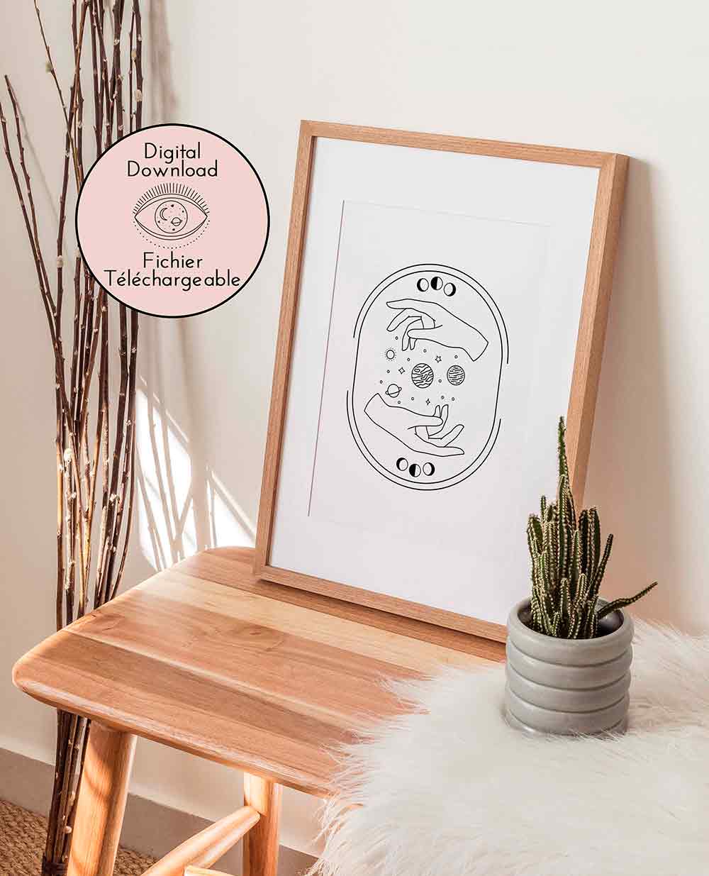 Hands and Planets Drawing - Celestial Line Art - Black White Mythic universe home decor