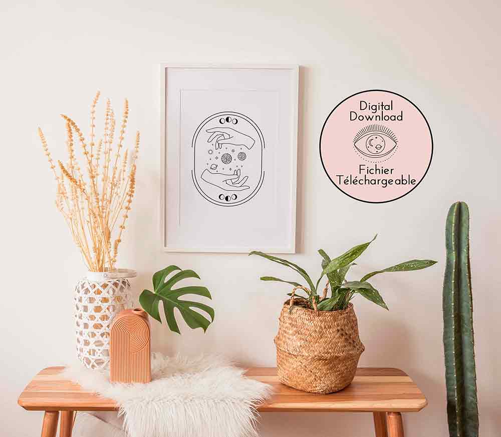 Hands and Planets Drawing - Celestial Line Art - Black White Mythic universe home decor