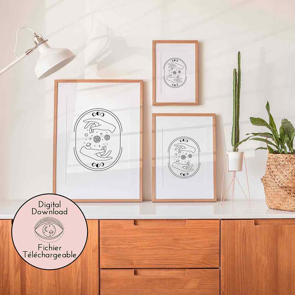 Hands and Planets Drawing - Celestial Line Art - Black White Mythic universe home decor