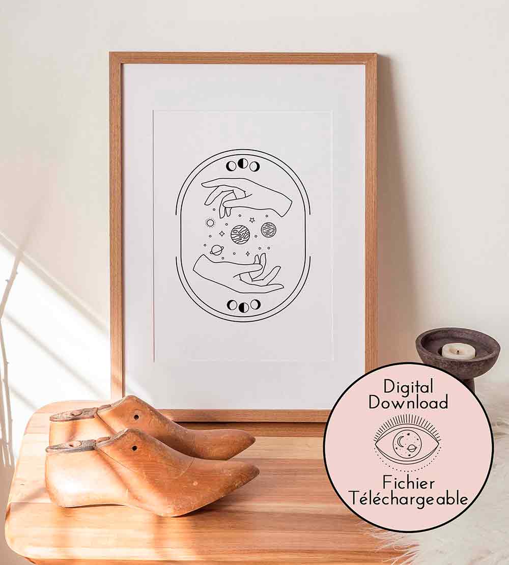 Hands and Planets Drawing - Celestial Line Art - Black White Mythic universe home decor