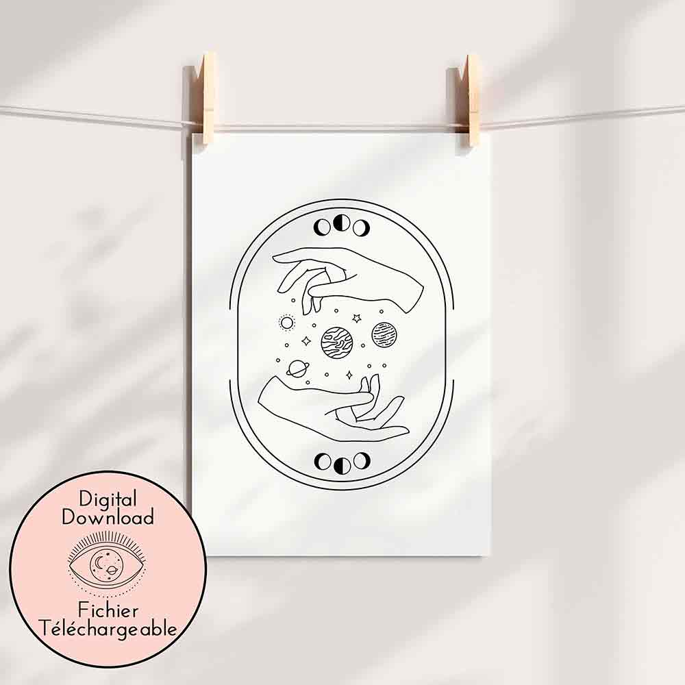 Hands and Planets Drawing - Celestial Line Art - Black White Mythic universe home decor