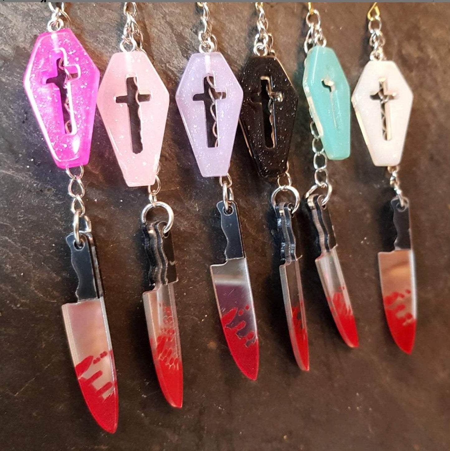 HALLOWEEN - Bloody knife and coffin earrings, Creepy Jewelry