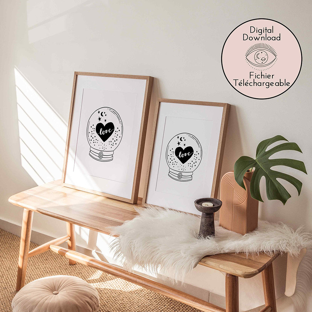 Crystal Ball Divination Love Heart Drawing - Bohemian Black White Art