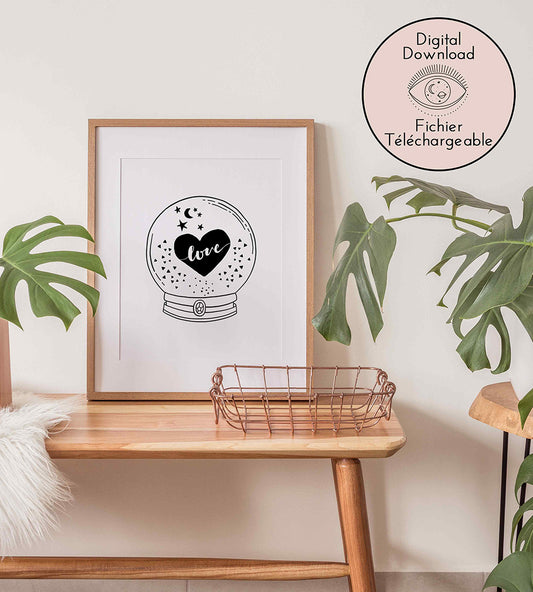 Crystal Ball Artwork - Monochrome Crystal Ball Divination Love Heart Drawing illustration, surrounded by stars and a crescent moon, capturing a whimsical, romantic sentiment by CocoFlower