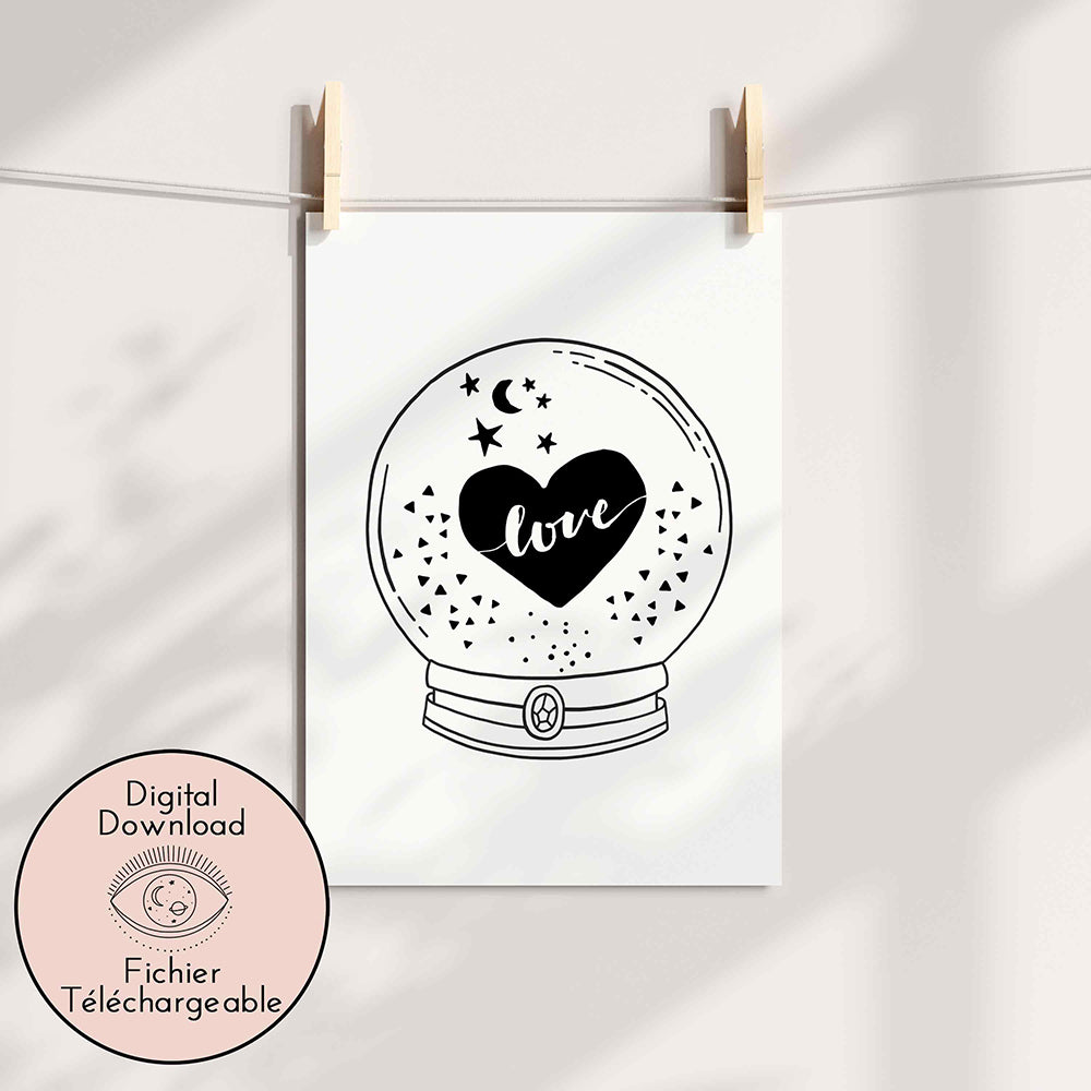 Crystal Ball Divination Love Heart Drawing - Bohemian Black White Art
