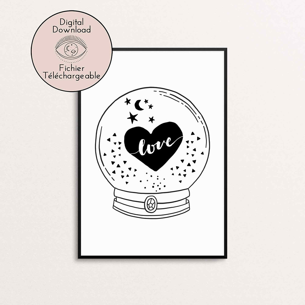 Crystal Ball Divination Love Heart Drawing - Bohemian Black White Art