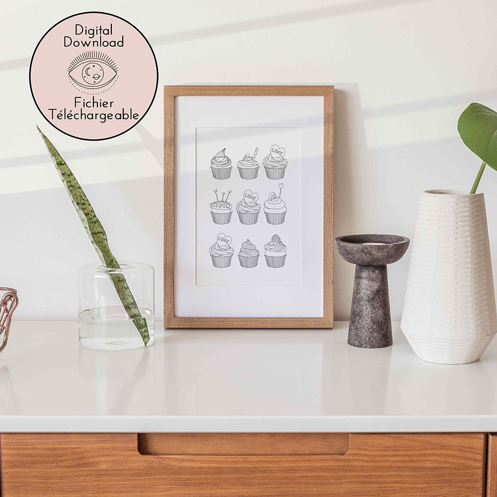 Cupcake Drawing - Black White Pastry Art - Kitchen home decor