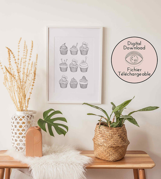 A collection of nine intricately drawn cupcake art download prints, each with unique toppings ranging from sprinkles and hearts to berries, inspired by themes of love and indulgence.