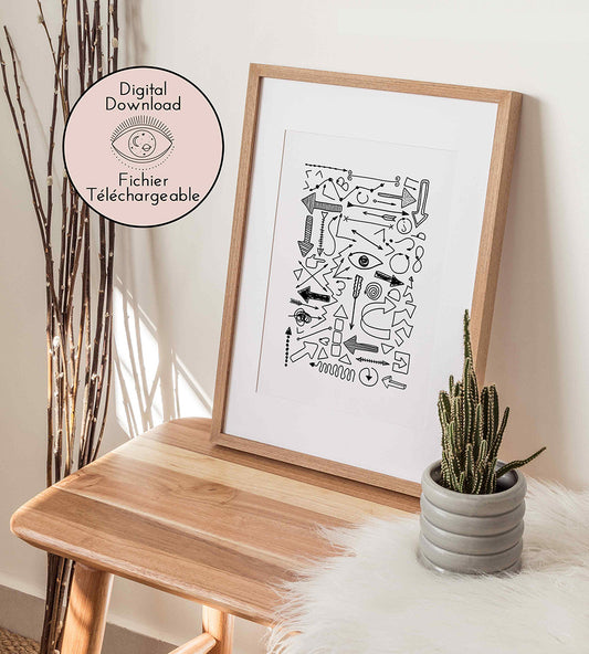 Abstract Line Art - An abstract collection of line-drawn symbols and shapes, including arrows, eyes, and geometric forms, scattered across the canvas in a seemingly random yet visually engaging cocoflower download print composition.