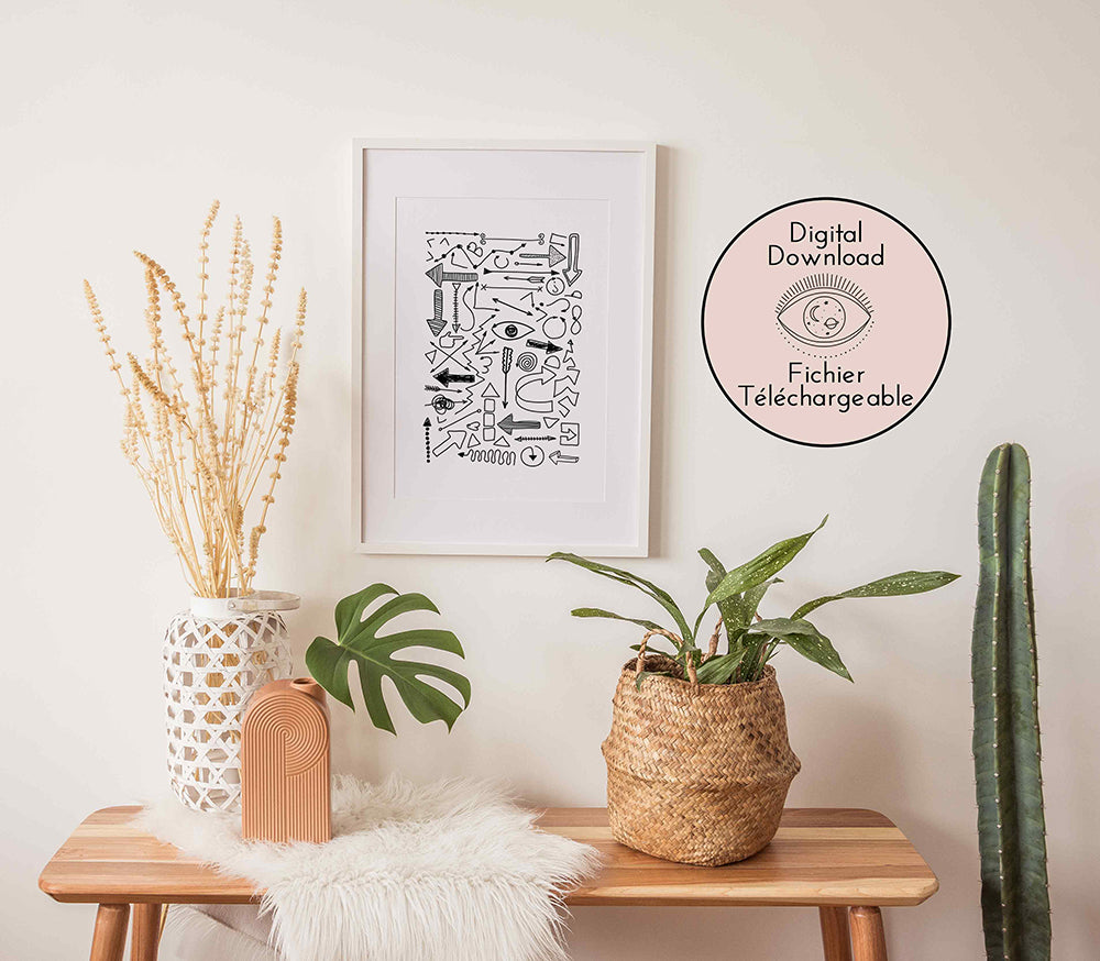 Direction Arrow Drawing - Symbol Sign Art- Black White Cartoon Poster