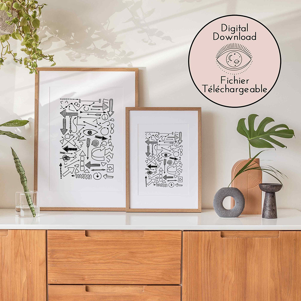 Direction Arrow Drawing - Symbol Sign Art- Black White Cartoon Poster