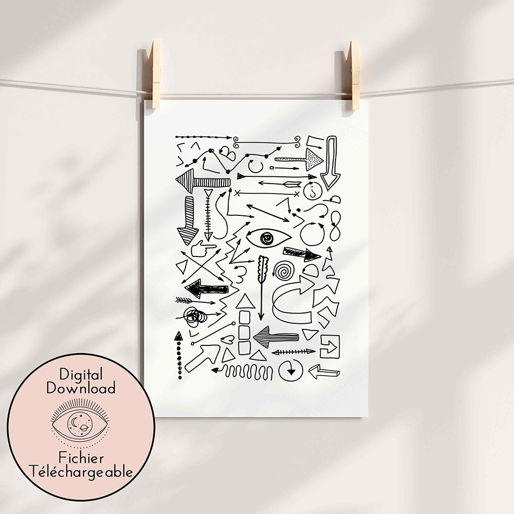 Direction Arrow Drawing - Symbol Sign Art- Black White Cartoon Poster