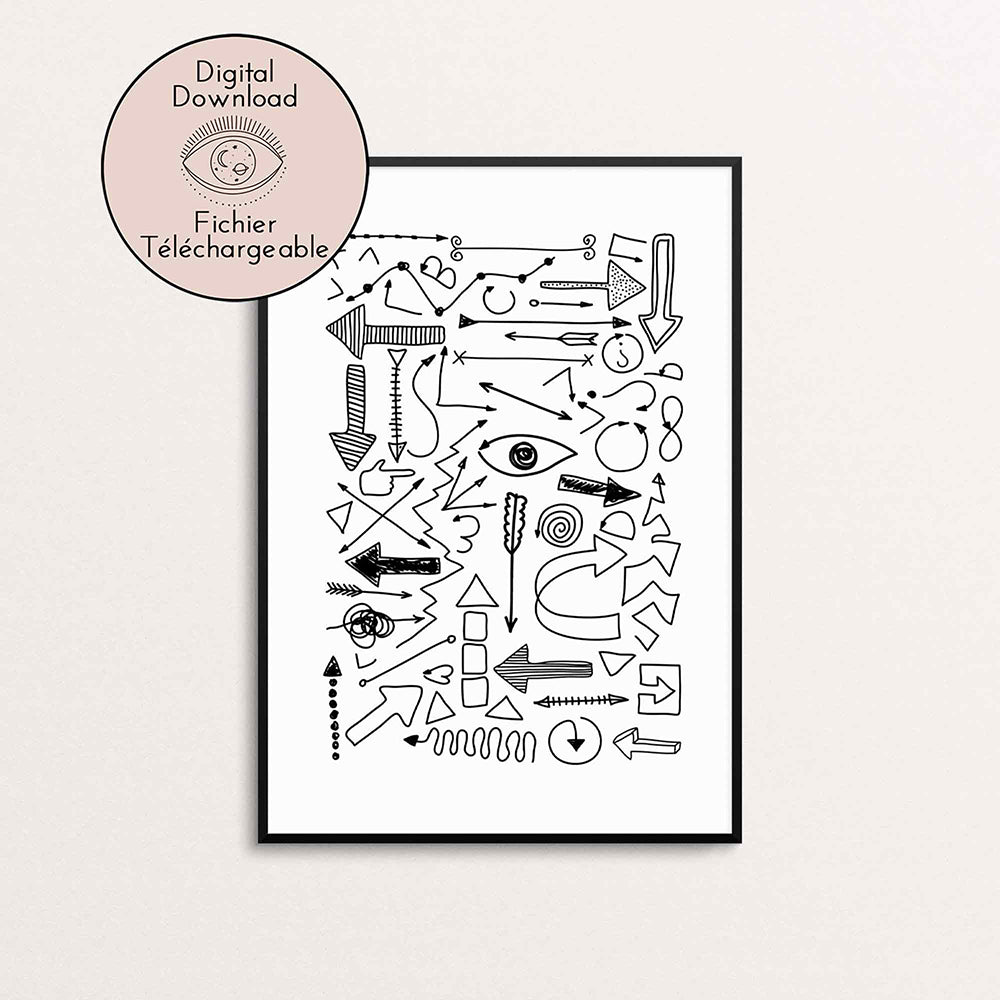 Direction Arrow Drawing - Symbol Sign Art- Black White Cartoon Poster