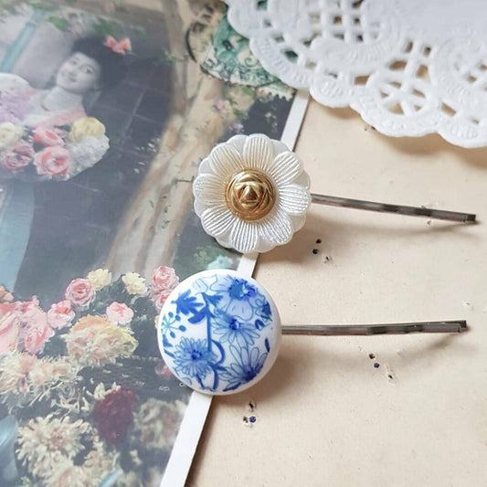 antique hair pins- Daisy and Fake Blue Porcelain bobby pins by CocoFlower