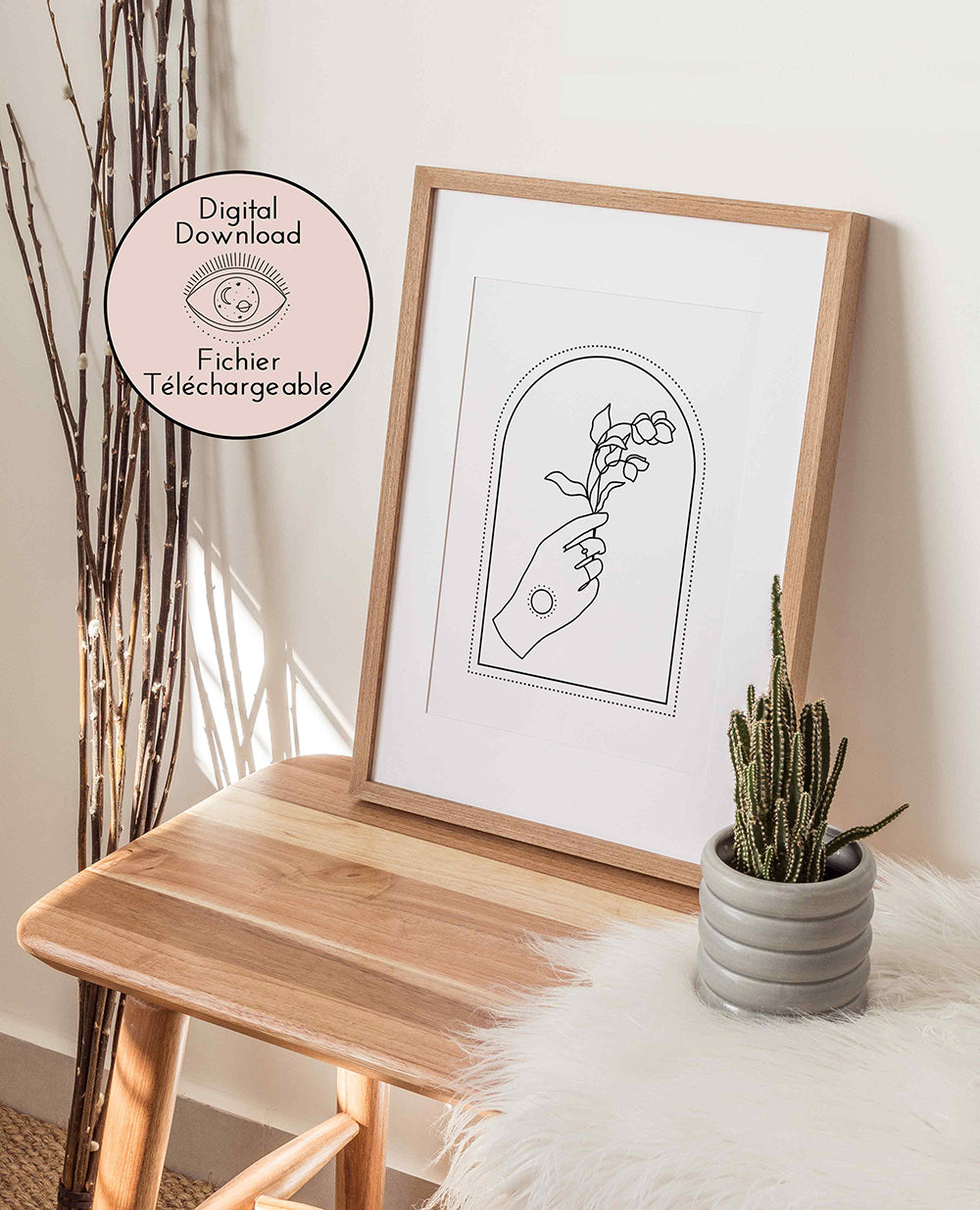 Hand and Flower drawing - Black White Line Art - Romantic home decor
