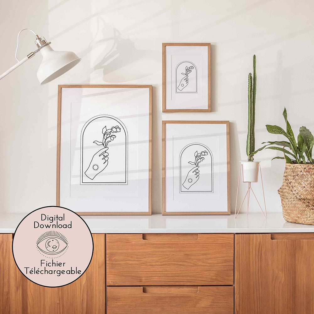 Hand and Flower drawing - Black White Line Art - Romantic home decor