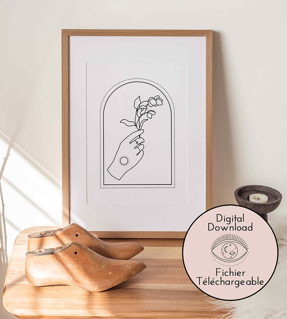 Hand and Flower drawing - Black White Line Art - Romantic home decor