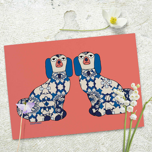 Blue dog postcards - Little dogs pair card - Artist Drawing - Staffordshire ceramic inspired  - Mini poster - Home decor