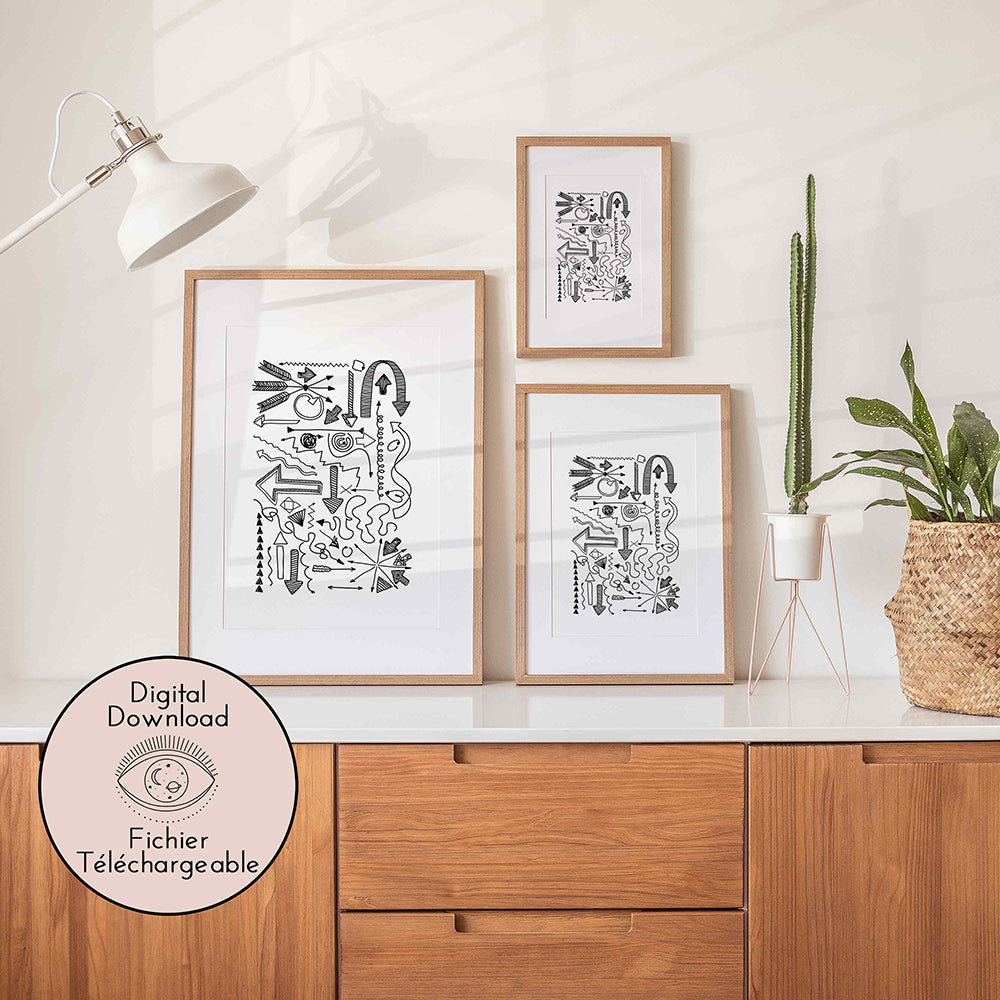 Arrow Sign Symbol Drawing - Modern Black White Art - Cartoon home decor
