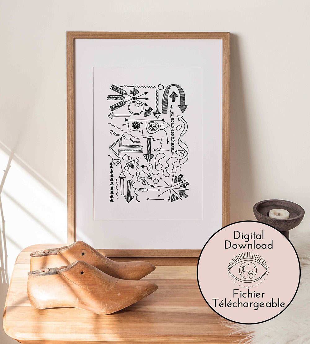 Arrow Sign Symbol Drawing - Modern Black White Art - Cartoon home decor