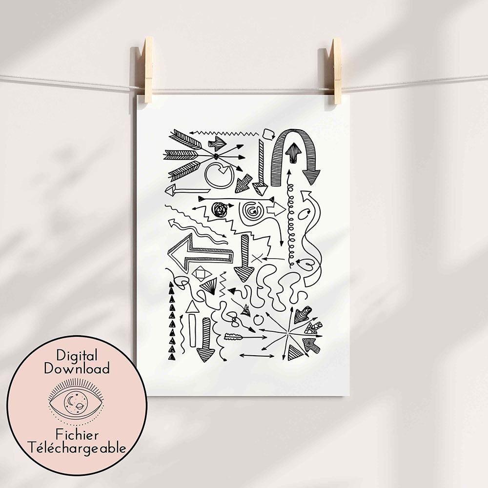 Arrow Sign Symbol Drawing - Modern Black White Art - Cartoon home decor