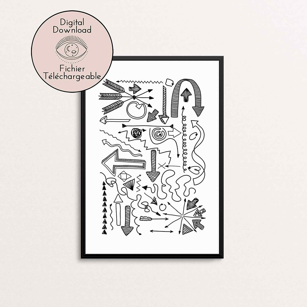 Arrow Sign Symbol Drawing - Modern Black White Art - Cartoon home decor