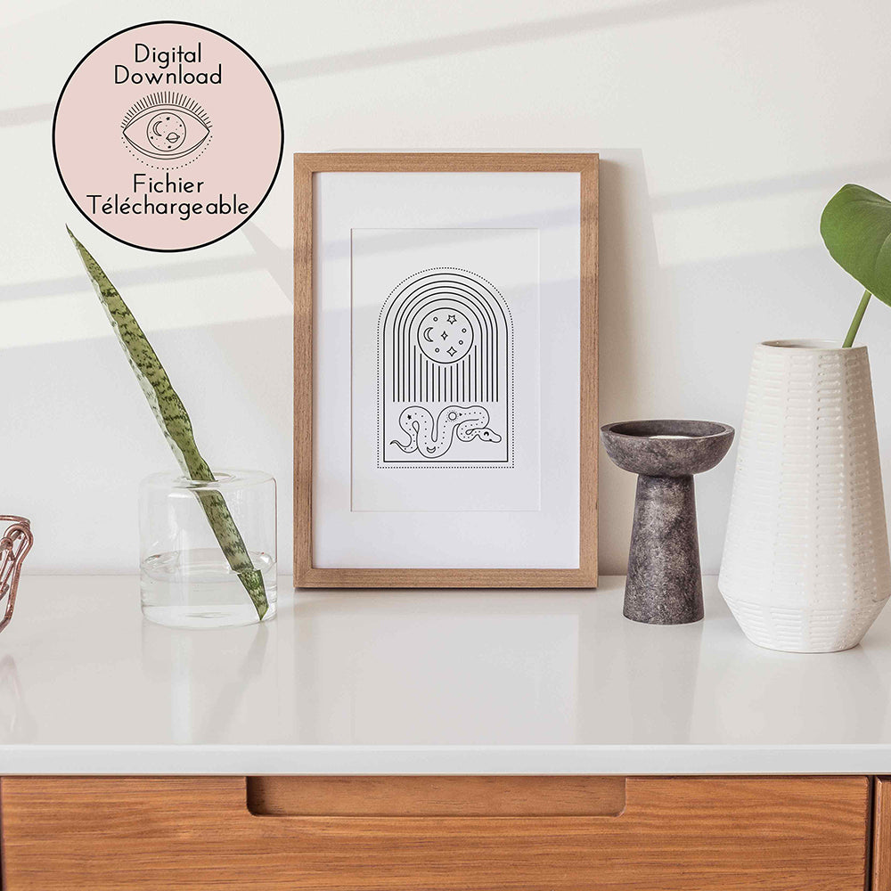 Moon and Snake Drawing - Hippy Chic Home decor - Black White Bohemian Art