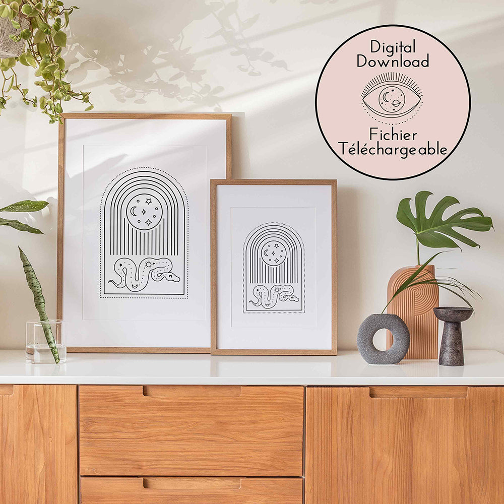 Moon and Snake Drawing - Hippy Chic Home decor - Black White Bohemian Art