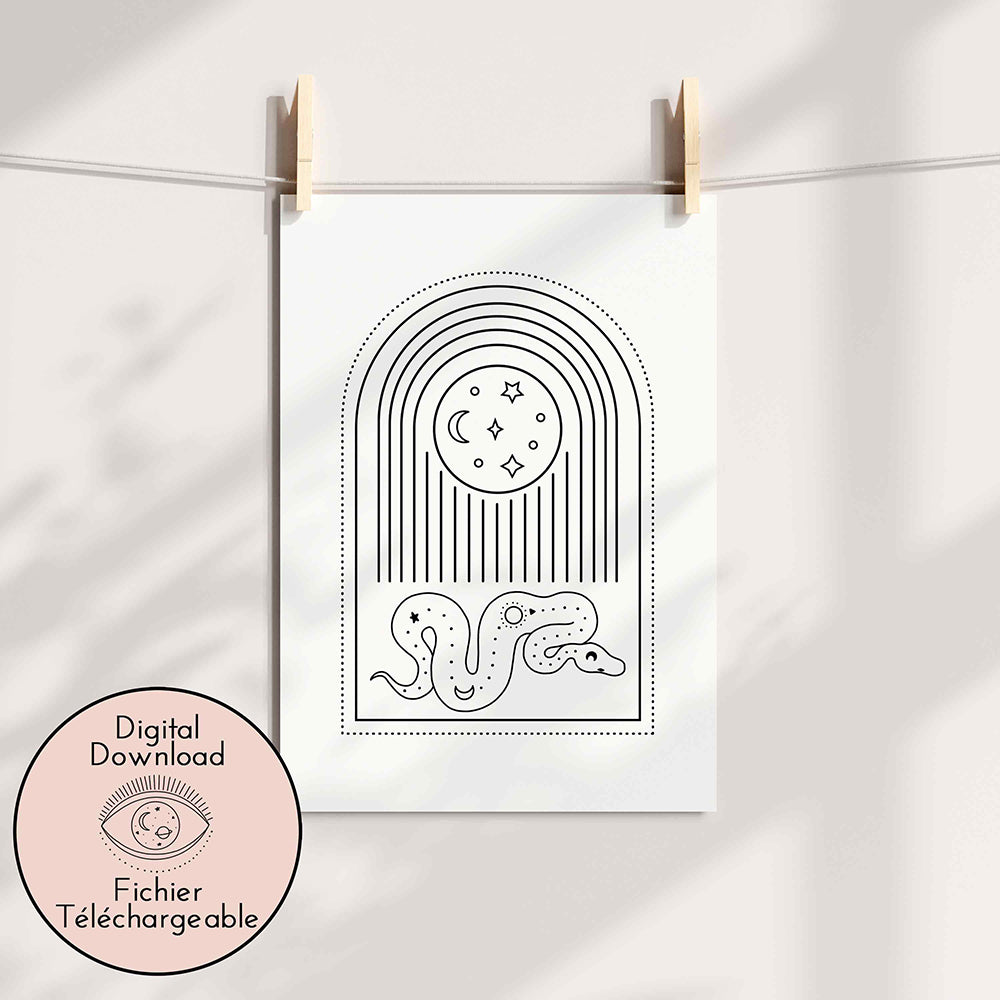 Moon and Snake Drawing - Hippy Chic Home decor - Black White Bohemian Art