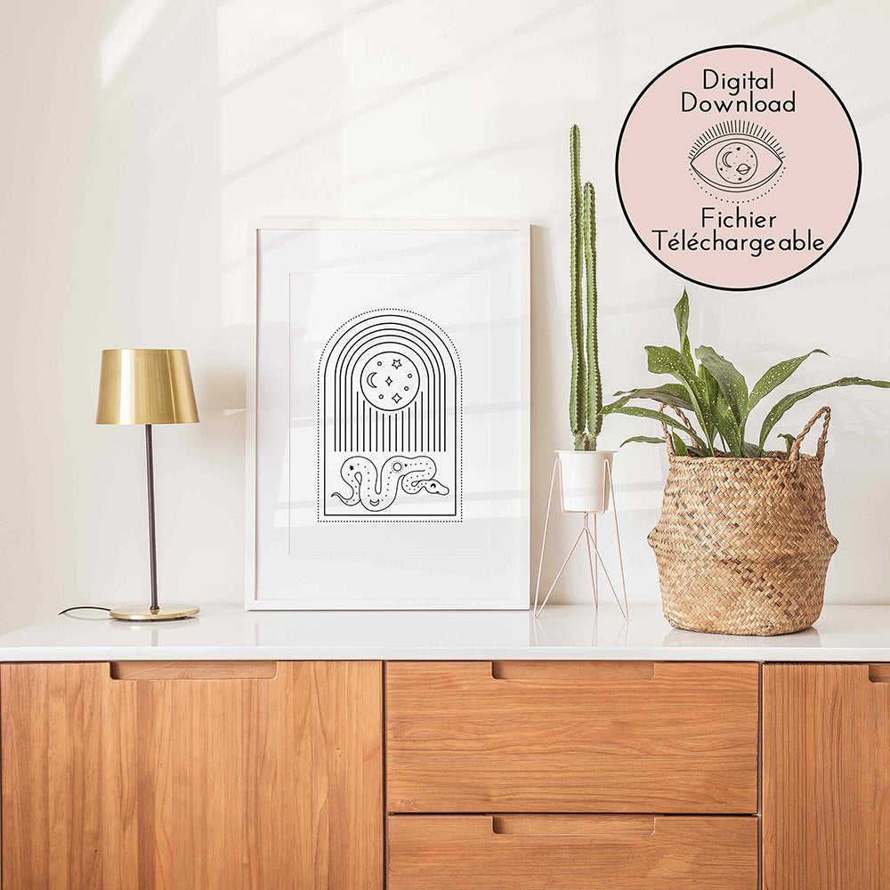 Moon and Snake Drawing - Hippy Chic Home decor - Black White Bohemian Art