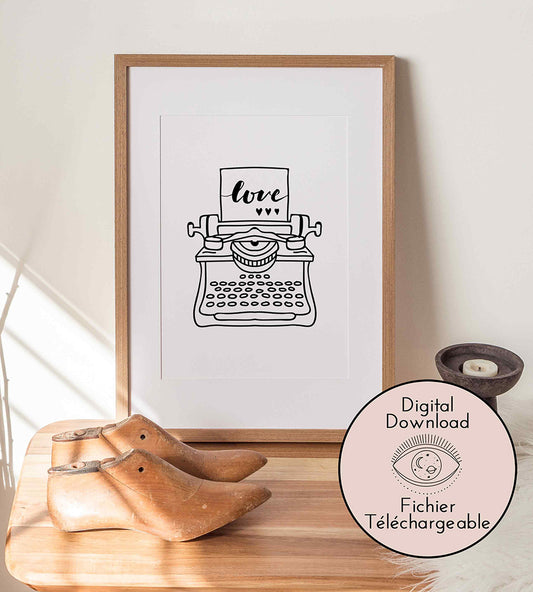 Typewriter Love letter - A stylized black and white illustration of a vintage typewriter with a sheet of paper inserted that has the word "love" written on it, and three small hearts for emphasis, available as a cocoflower download print.