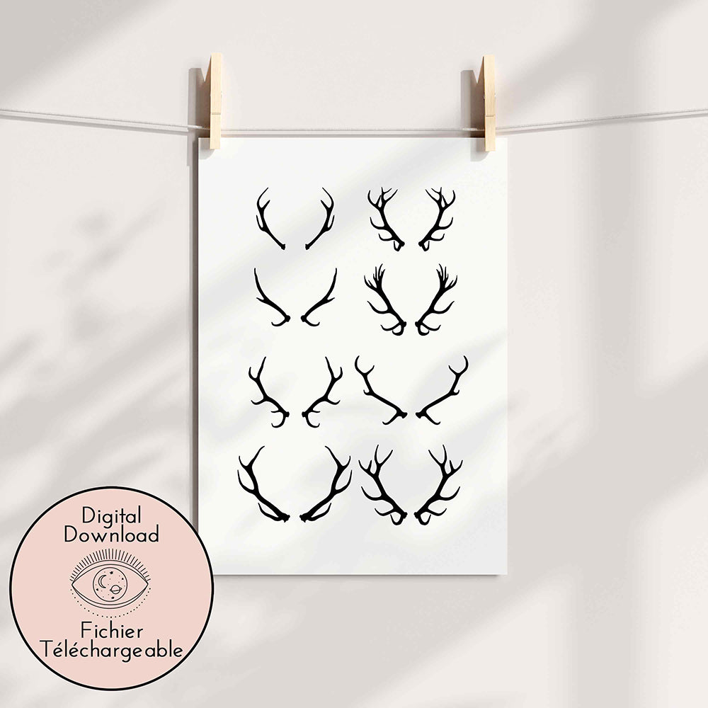 Horn Deer Drawing - Black White Horns Line Art - Woodland Country Autumn Home decor