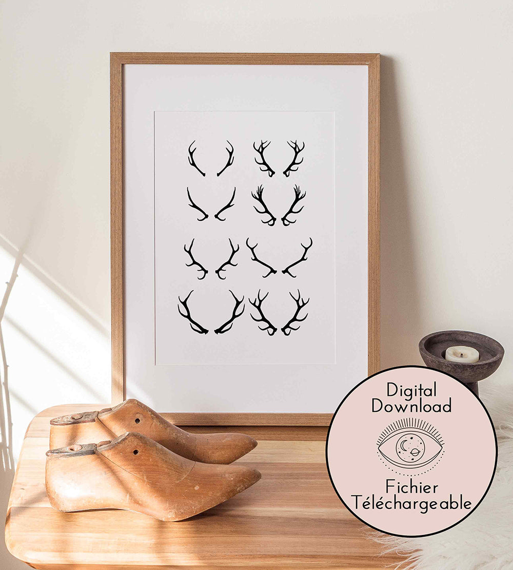 Horn Deer Drawing - Black White Horns Line Art - Woodland Country Autumn Home decor