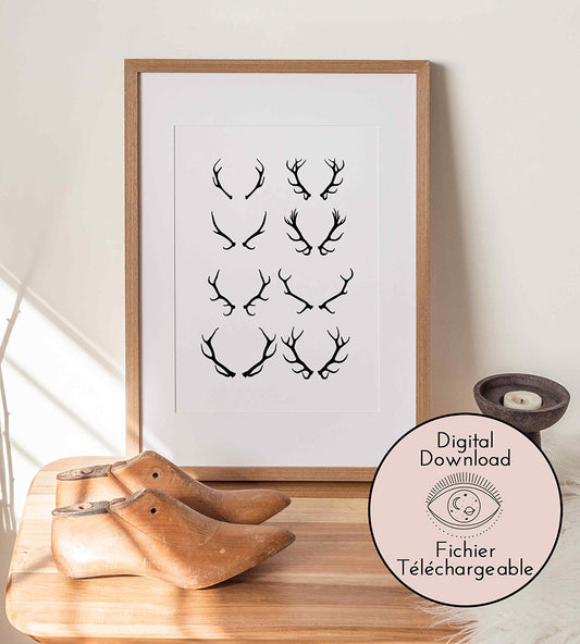 A collection of various Deer Antler Silhouette designs displayed in a grid format art download print.