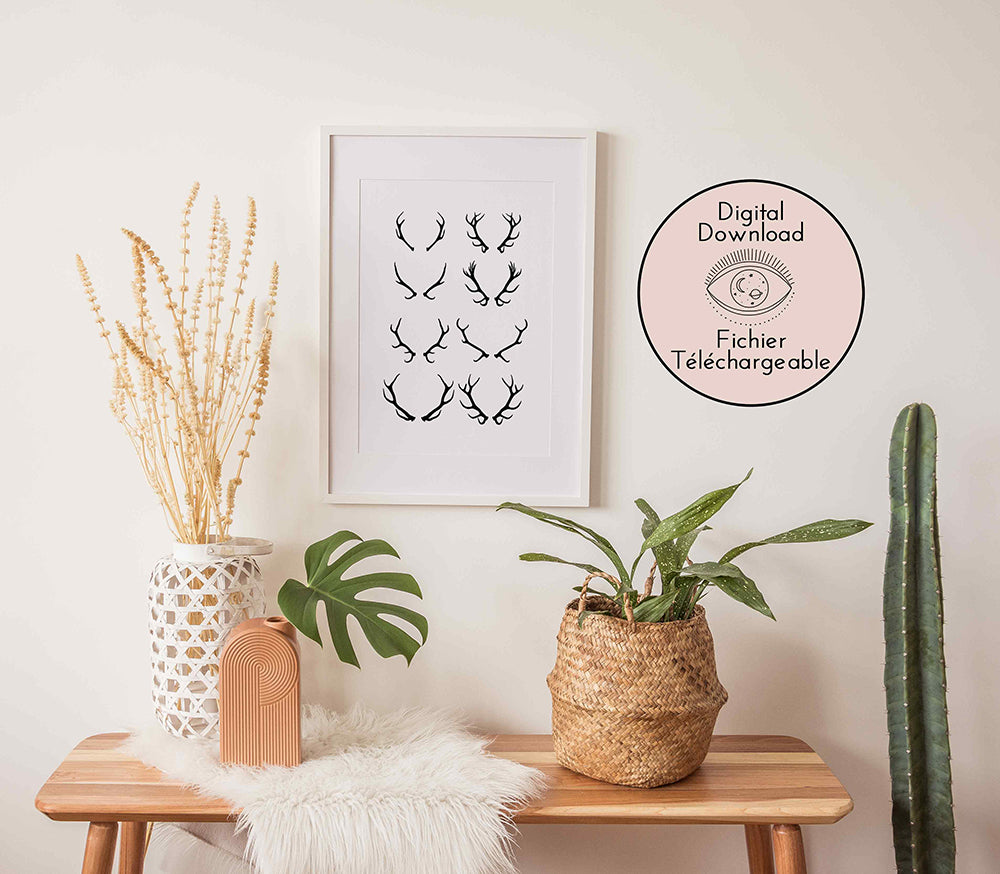 Horn Deer Drawing - Black White Horns Line Art - Woodland Country Autumn Home decor