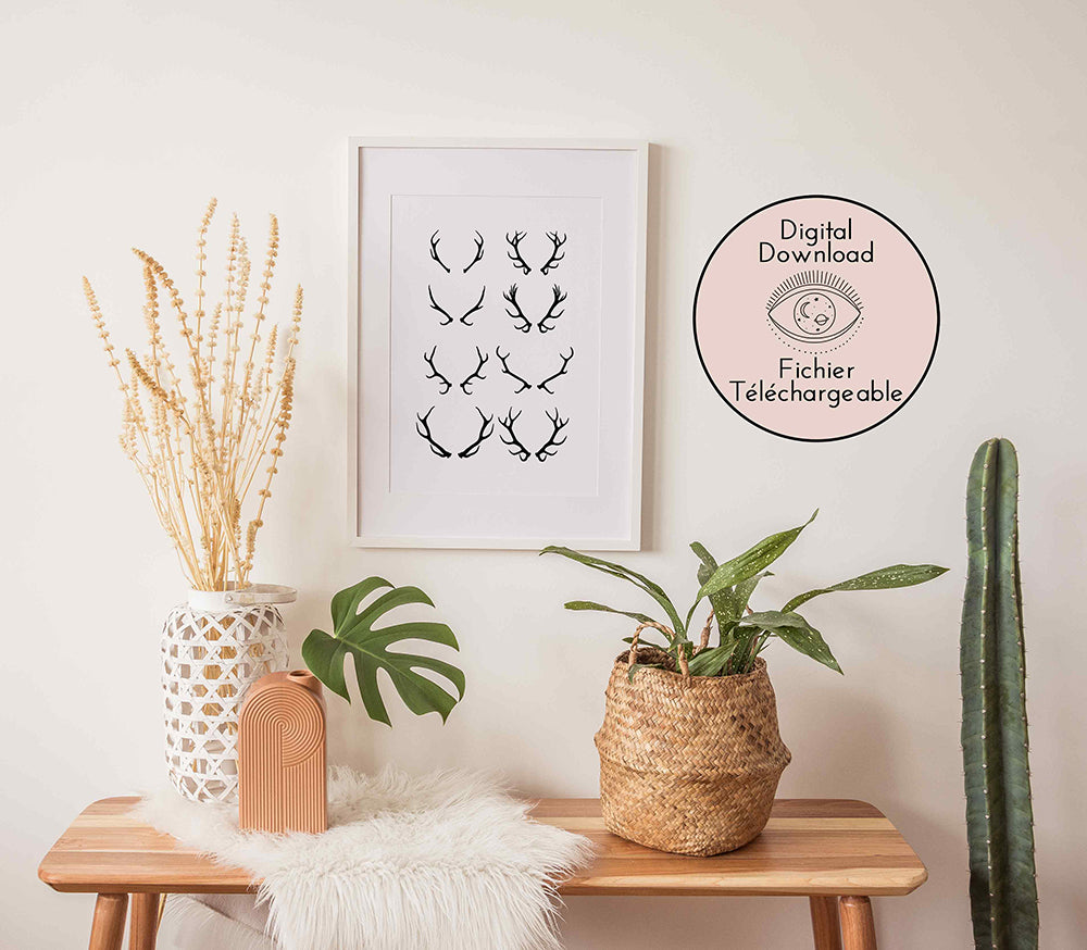 "Indulge in the natural charm of Deer Antler Silhouette displayed in a stylish grid format."